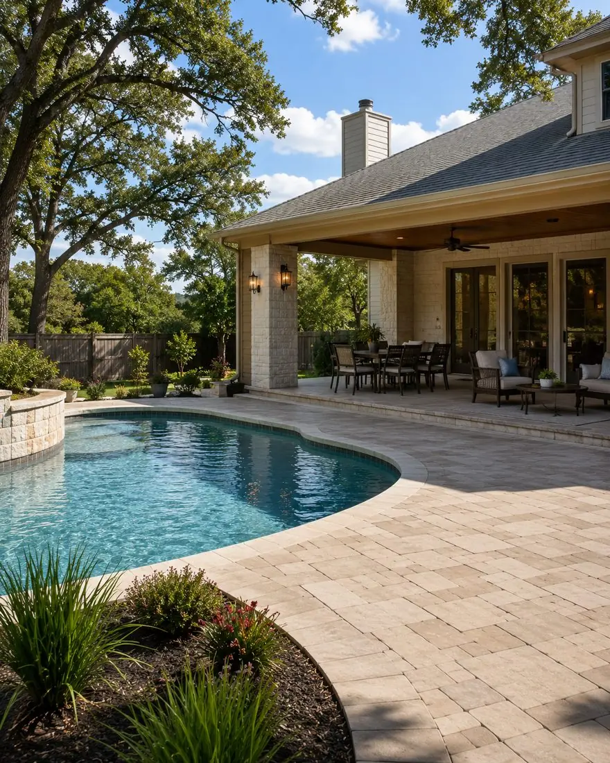 Curved pool with paver decking and covered patio
