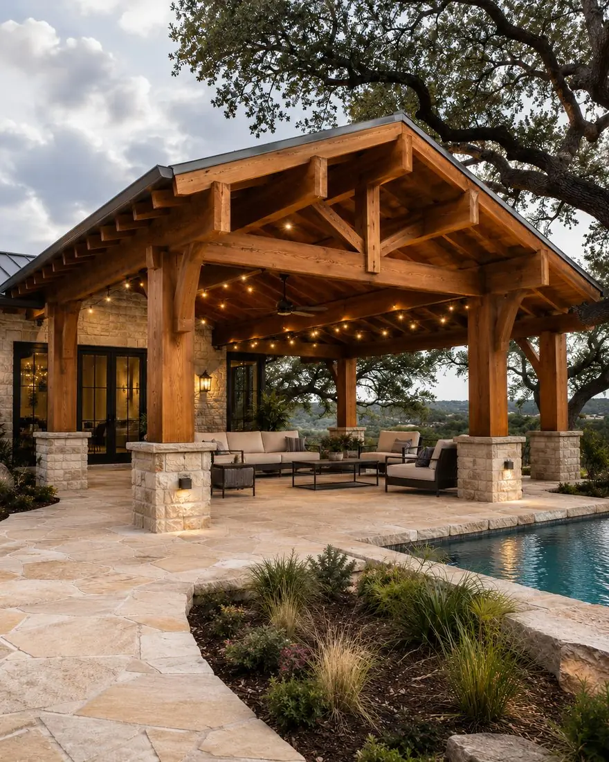 Timber-frame covered patio with vaulted ceiling
