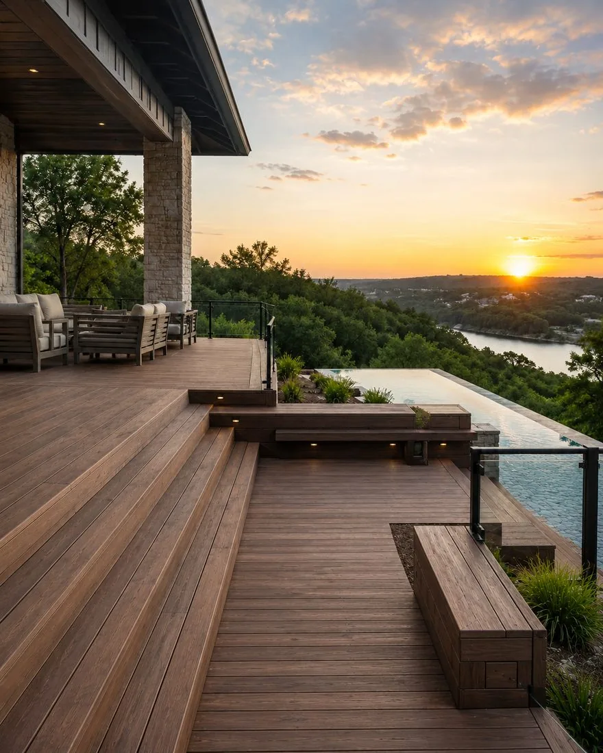 Elevated deck with cable railing and Hill Country view