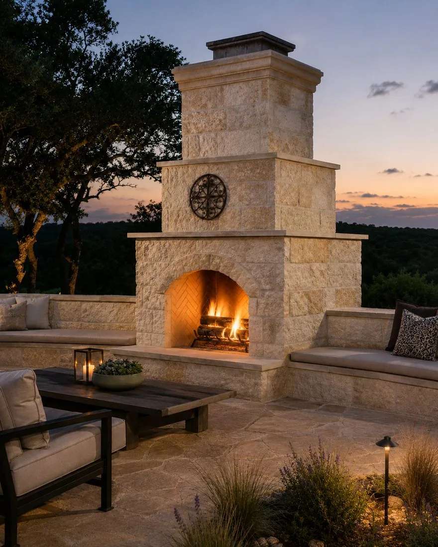 Stone fire pit with Adirondack chairs at sunset